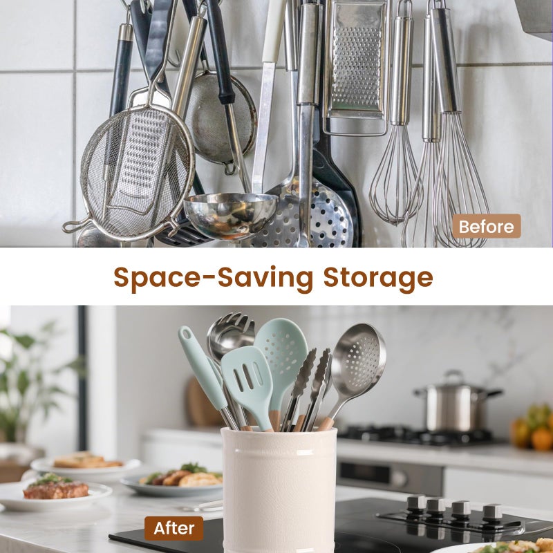 SZUAH Kitchen Utensil Holder, Larger Ceramic Utensil Crock for Kitchen Counter top & Dining Table (Cream, 5.9" x 5.9" x 6.7") - Image 3
